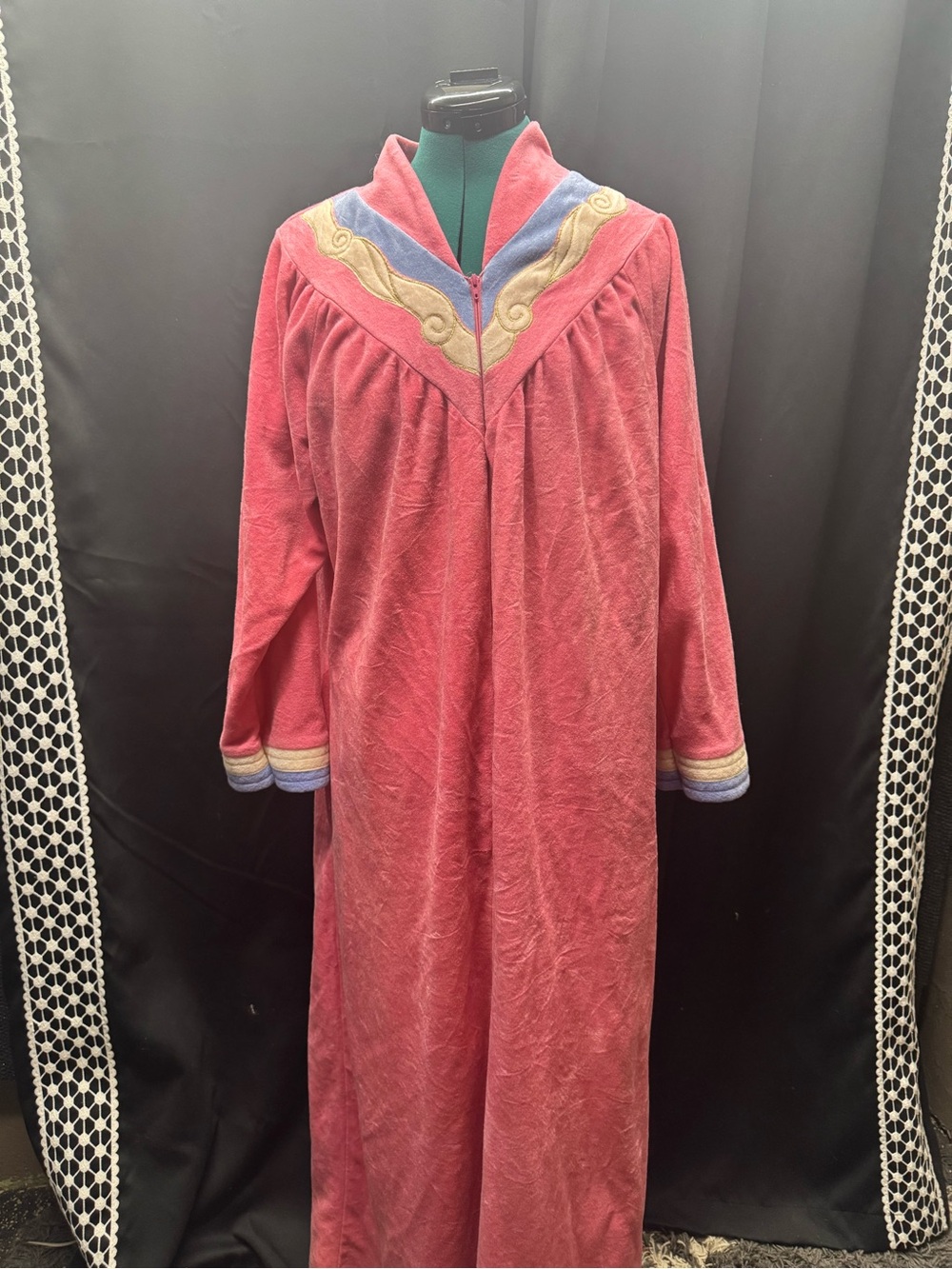 Long Pink Velvet Robe with Contrasting Embroidered Trim